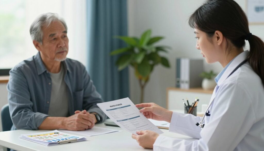 A serene office environment showcasing a consultation between a healthcare professional and a patient with diabetes. In the foreground, the healthcare professional, a middle-aged woman in a professional business attire, gestures towards a document labeled with diabetic care information at the desk. The patient, an elderly man in modest casual clothing, looks on thoughtfully, surrounded by supportive materials like pamphlets about care allowances. In the middle ground, a window with soft natural light filters in, casting a warm glow over the scene. The background features a calming palette of blues and greens with indoor plants, evoking a sense of comfort and hope, emphasizing the importance of support and guidance in managing diabetes. The overall mood is empathetic and informative. A serene office environment showcasing a consultation between a healthcare professional and a patient with diabetes. In the foreground, the healthcare professional, a middle-aged woman in a professional business attire, gestures towards a document labeled with diabetic care information at the desk. The patient, an elderly man in modest casual clothing, looks on thoughtfully, surrounded by supportive materials like pamphlets about care allowances. In the middle ground, a window with soft natural light filters in, casting a warm glow over the scene. The background features a calming palette of blues and greens with indoor plants, evoking a sense of comfort and hope, emphasizing the importance of support and guidance in managing diabetes. The overall mood is empathetic and informative.