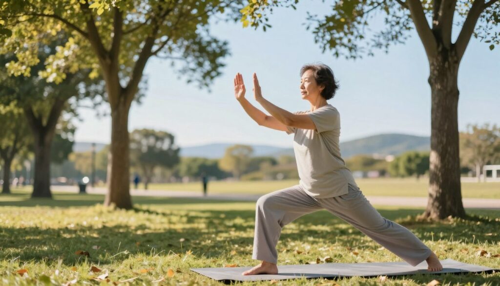 A serene outdoor scene depicting a middle-aged person engaging in physical activity, such as gentle yoga or tai chi in a park setting, emphasizing a healthy lifestyle despite glaucoma concerns. The foreground features the individual dressed in modest, comfortable fitness attire, practicing mindfulness. In the middle ground, there are a few trees and soft grass, evoking a peaceful atmosphere. The background showcases a clear blue sky and distant hills, suggesting tranquility and clarity. Soft golden sunlight filters through the leaves, creating dappled shadows on the ground. The image conveys a sense of hope and perseverance, highlighting the importance of safe physical activity for individuals managing glaucoma. A serene outdoor scene depicting a middle-aged person engaging in physical activity, such as gentle yoga or tai chi in a park setting, emphasizing a healthy lifestyle despite glaucoma concerns. The foreground features the individual dressed in modest, comfortable fitness attire, practicing mindfulness. In the middle ground, there are a few trees and soft grass, evoking a peaceful atmosphere. The background showcases a clear blue sky and distant hills, suggesting tranquility and clarity. Soft golden sunlight filters through the leaves, creating dappled shadows on the ground. The image conveys a sense of hope and perseverance, highlighting the importance of safe physical activity for individuals managing glaucoma.