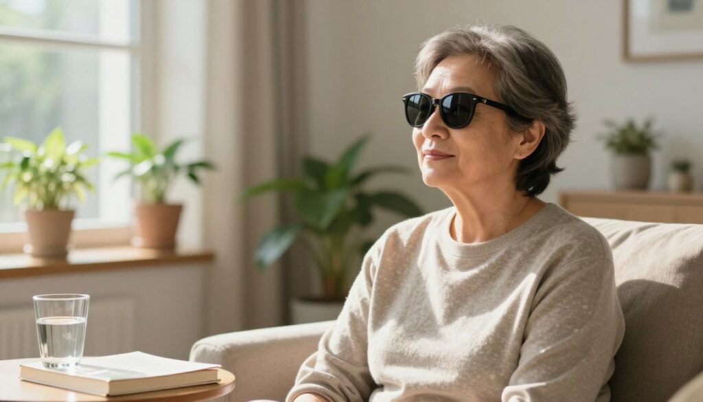 A serene, sunlit scene in a cozy living room, focusing on a middle-aged person wearing stylish sunglasses, displaying a sense of calm and comfort after cataract surgery. The individual is seated near a window, light streaming in, casting soft shadows around. In the foreground, a small table holds a glass of water and a book, suggesting a relaxed atmosphere. The background features potted plants, emphasizing health and recovery, with gentle green tones. The overall mood is tranquil, highlighting the importance of wearing sunglasses for eye protection. The lighting is warm and inviting, showcasing the person's content expression while maintaining a professional appearance in casual attire.