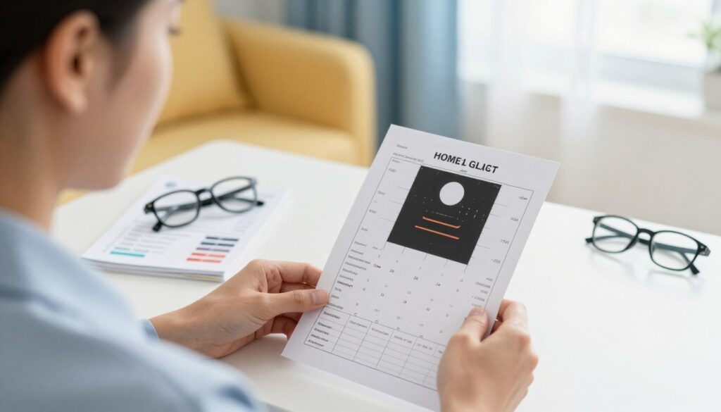 A serene, well-lit home environment showcasing a person in professional business attire, intently examining the results of a home glaucoma test. In the foreground, a clear view of the test results showing various visual field charts, with a focus on key areas that may indicate issues. The middle ground features a well-organized desk with an eye care pamphlet and a pair of reading glasses, symbolizing awareness and care. The background includes soft hues, like warm yellows and light blues, through a window, suggesting a calm atmosphere. The lighting is bright and inviting, creating an optimistic mood that encourages proactive eye health management. The composition should ensure clarity and focus without any textual distractions or clutter.