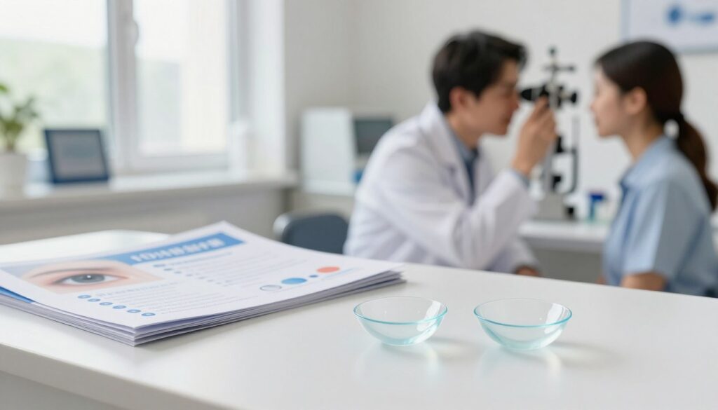 A serene, well-lit medical office environment focusing on eye health. In the foreground, a pair of clear, healthy contact lenses rests on an eye examination table, symbolizing lens care and prevention of cataracts. In the middle ground, a table displays informational brochures on eye health, emphasizing preventative measures. Soft, natural light filters through a window, creating a calm atmosphere. In the background, a professional optometrist in a smart outfit examines a patient's eyes, showcasing the importance of regular check-ups and early detection. The overall mood is optimistic and informative, emphasizing the message of proactive eye care and the slowing down of lens opacity. The image is bright and inviting, void of any text or distractions.