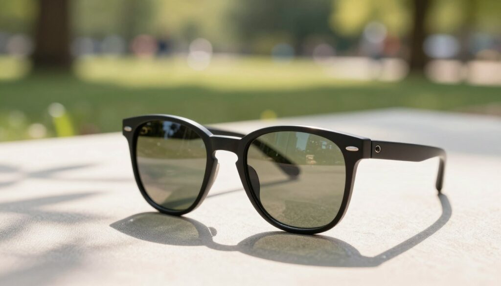 A stylish pair of modern sunglasses resting on a softly textured fabric surface, with sunlight filtering through nearby leaves, creating patterned shadows around them. The sunglasses have a sleek black frame and gradient lenses that reflect a bright outdoor scene. In the background, a blurred park setting with gentle green tones and hints of people enjoying the outdoors, emphasizing the notion of protecting one’s eyes in bright conditions. The lighting is warm and inviting, evoking a sense of calm and relaxation, while the focus on the sunglasses conveys the importance of eye protection after surgery. The overall composition is balanced and harmonious, drawing attention to the purpose of the sunglasses while maintaining a serene atmosphere.