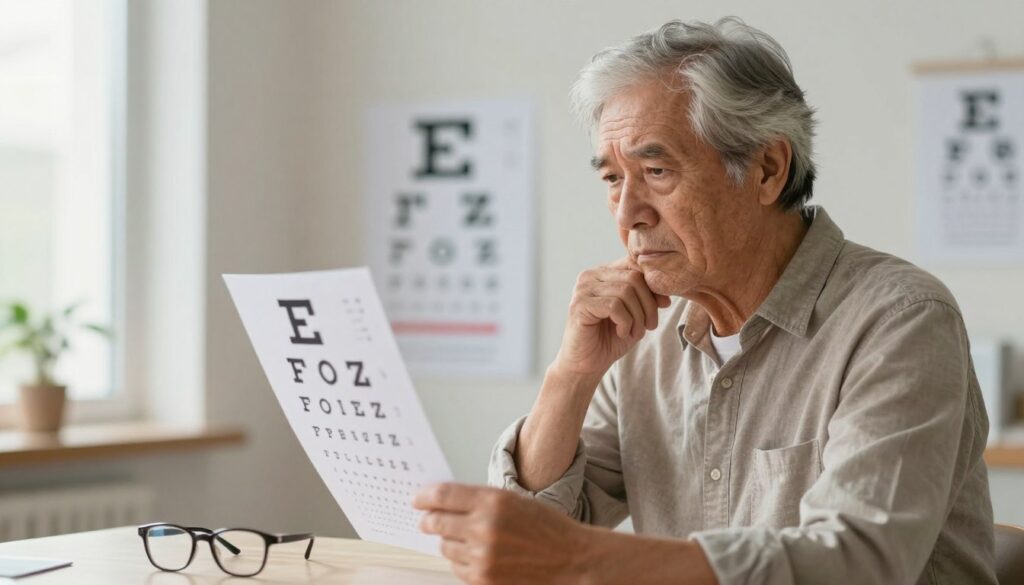 A thoughtful elderly person standing in a well-lit room, examining an eye chart with a concerned expression. In the foreground, a pair of glasses rests on a table, symbolizing the need for vision correction. The middle ground features the elderly individual, showing signs of age such as gray hair and gentle wrinkles, dressed in modest casual clothing, representing a relatable and professional demeanor. In the background, there’s a soft-focus image of blurred vision plates, illustrating the uncertainty and confusion that can accompany age-related vision changes. The atmosphere is calm but reflective, with warm, natural light streaming in through a window, highlighting the warmth and wisdom of aging. The angle captures the person’s introspection, emphasizing the importance of awareness in eye health.