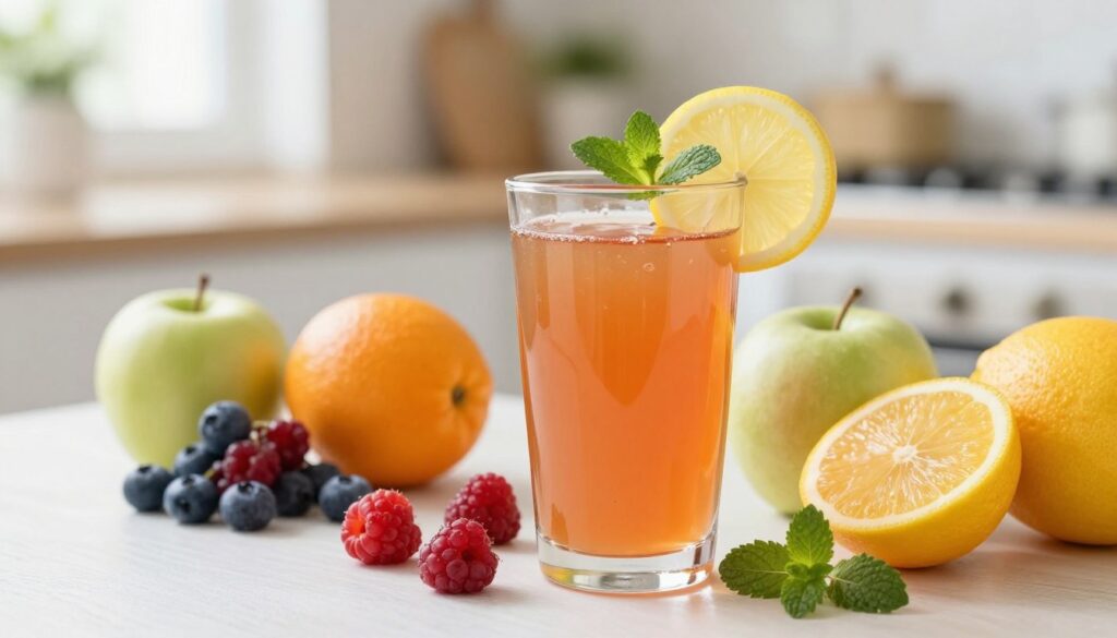 A vibrant and informative still life scene featuring a variety of fruit juices suitable for diabetes management. In the foreground, a clear glass filled with a refreshing, filtered fruit juice like apple or cranberry, garnished with a slice of lemon and a sprig of mint. The middle ground displays an assortment of fresh fruits including berries, apples, and citrus, emphasizing natural options for juicing. The background features a softly blurred kitchen setting with natural light streaming in, creating an inviting atmosphere. A subtle focus on freshness and healthy choices is conveyed through bright, vivid colors, while a gentle bokeh effect enhances the overall warmth of the composition.