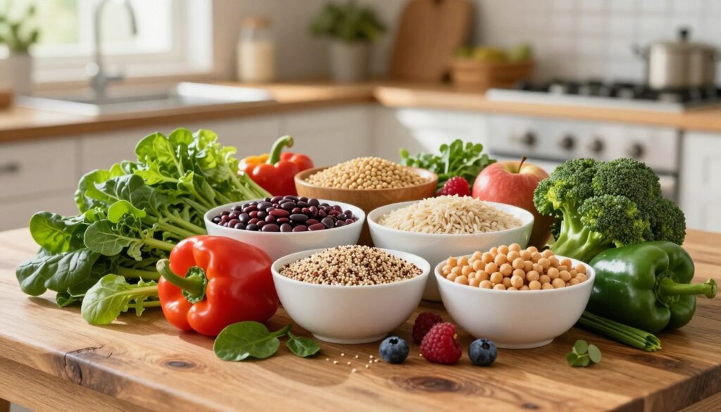 A vibrant and inviting display of low glycemic index foods, prominently featuring a variety of fresh vegetables—such as leafy greens, bell peppers, and broccoli—arranged artistically on a rustic wooden table in the foreground. In the middle ground, an assortment of whole grains like quinoa and brown rice, as well as legumes including lentils and chickpeas, are displayed in elegant bowls, with some fruits such as berries and apples subtly enhancing the color palette. The background shows a softly blurred kitchen scene, conveying warmth and homeliness, with natural light streaming through a window, casting gentle shadows. The mood is wholesome and nurturing, emphasizing the importance of healthy eating for blood sugar stabilization. A vibrant and inviting display of low glycemic index foods, prominently featuring a variety of fresh vegetables—such as leafy greens, bell peppers, and broccoli—arranged artistically on a rustic wooden table in the foreground. In the middle ground, an assortment of whole grains like quinoa and brown rice, as well as legumes including lentils and chickpeas, are displayed in elegant bowls, with some fruits such as berries and apples subtly enhancing the color palette. The background shows a softly blurred kitchen scene, conveying warmth and homeliness, with natural light streaming through a window, casting gentle shadows. The mood is wholesome and nurturing, emphasizing the importance of healthy eating for blood sugar stabilization.