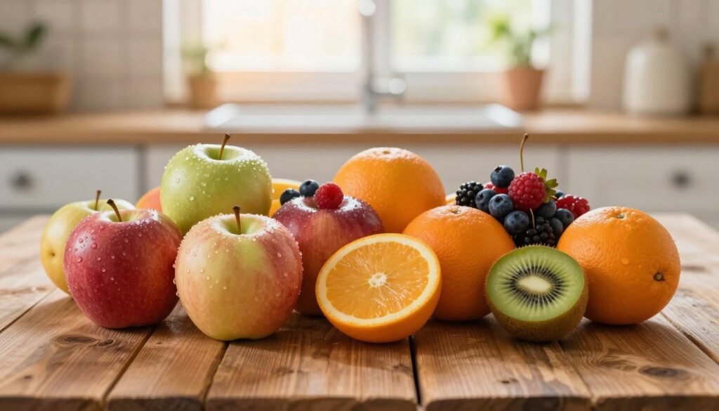 A vibrant assortment of fresh fruits suitable for gestational diabetes, prominently featuring colorful apples, berries, oranges, and kiwi arranged neatly on a rustic wooden table. In the foreground, the fruits have dewdrops glistening on their surfaces, emphasizing their freshness. The middle layer shows a soft-focus background of a gentle kitchen setting, with warm, natural sunlight filtering through a window, casting a cozy glow and creating subtle shadows. The scene conveys a sense of health and vitality, inviting the viewer to consider nutritious eating options. The overall mood is calm and inviting, reflecting a balanced and mindful approach to fruits in a diabetes-friendly diet.