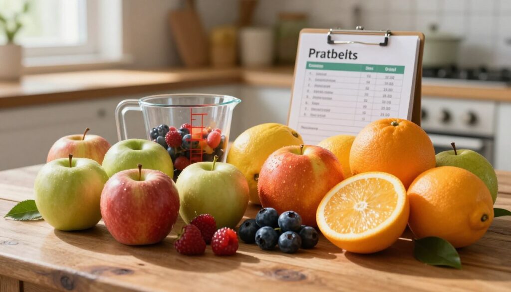 A vibrant assortment of fruits suitable for diabetics, displayed on a rustic wooden table. In the foreground, showcase apples, berries, and citrus fruits, carefully arranged to highlight their colors and textures. The middle ground features a measuring cup and a nutrition guide, symbolizing portion control, while a blurred kitchen backdrop creates a homely atmosphere. Soft, warm natural light filters through a nearby window, casting gentle shadows that enhance the freshness of the fruits. The overall mood is inviting and educational, promoting health and awareness without any text or distractions, inviting the viewer to explore the topic of fruit consumption in diabetes management.