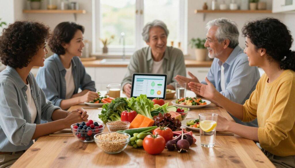 A vibrant kitchen scene focusing on healthy food choices for managing type 2 diabetes. In the foreground, an elegant wooden table displays a colorful array of fresh vegetables, whole grains, and lean proteins, arranged artfully. A bowl of mixed berries and a glass of water with lemon slices add a refreshing touch. In the middle, a diverse group of adults in modest, professional attire are engaged in a lively discussion about meal planning and healthy eating, with one person using a digital tablet to showcase nutritional information. The background features soft, warm lighting filtering through a window, creating a welcoming atmosphere that emphasizes health and wellness. The mood is optimistic and proactive, encouraging viewers to embrace a balanced diet for better glucose control.