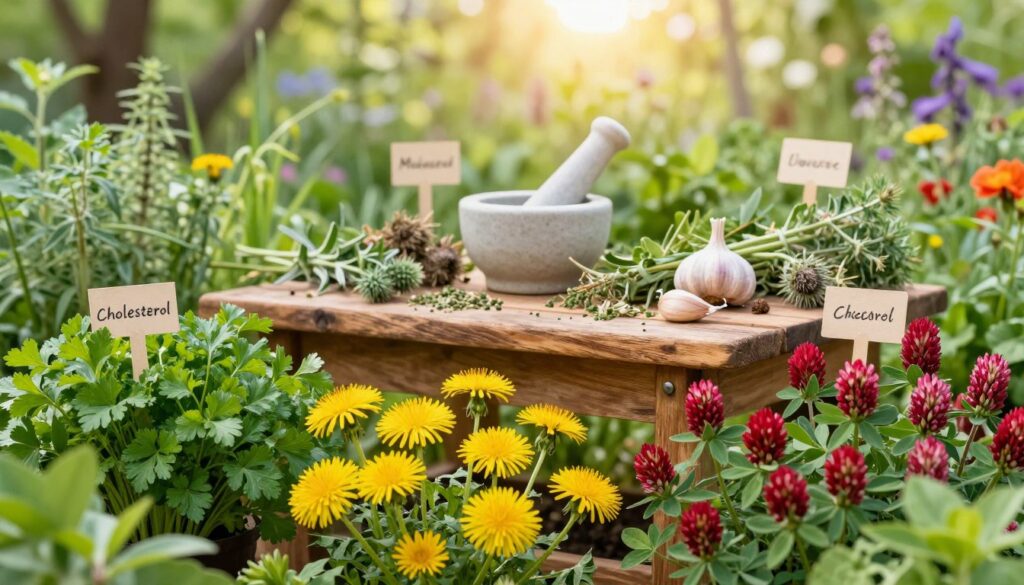 A vibrant, lush herbal garden filled with various medicinal plants known to support cholesterol, digestion, and liver health. In the foreground, display fresh green parsley, yellow dandelion flowers, and vibrant red clover blooms, each plant labeled with small, minimalist tags. The middle ground features a rustic wooden table adorned with mortar and pestle, surrounded by loose dried herbs like milk thistle and garlic cloves. In the background, soft sunlight filters through trees, illuminating the scene with a warm, inviting glow. Capture a serene atmosphere, emphasizing the connection between nature and health. Use a shallow depth of field for a soft focus effect on the background, creating a tranquil and harmonious setting that reflects balance and wellness.