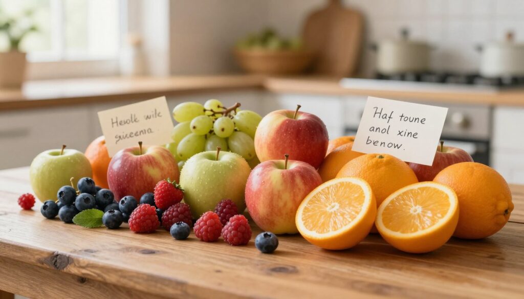 A vibrant selection of fruits suitable for individuals with type 2 diabetes, displayed on a rustic wooden table. In the foreground, a variety of colorful fruits such as berries, apples, and citrus fruits are artfully arranged, emphasizing their freshness and natural appeal. The middle ground features a few handwritten notes about their health benefits, subtly integrated into the scene. The background includes a softly blurred kitchen setting with warm, inviting lighting streaming through a window, creating a cozy atmosphere. The focus is on the fruits, highlighting their textures and colors, to convey a sense of health and vitality. The image conveys a warm, informative mood, inviting viewers to explore healthy choices.