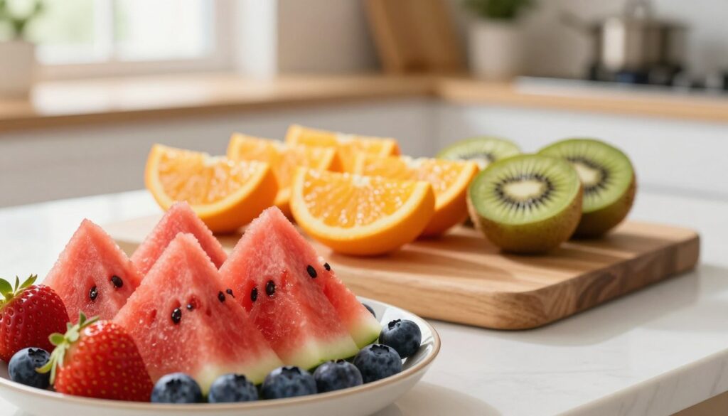 A visually appealing arrangement of healthy fruit portions suitable for managing type 2 diabetes, focused on sweet alternatives. In the foreground, place neatly sliced watermelon, strawberries, and blueberries artfully presented in a small bowl. In the middle, display a vibrant assortment of orange slices and kiwi, arranged on a wooden cutting board. The background features a soft-focus kitchen setting with warm, natural light streaming in through a window, creating a bright and inviting atmosphere. Use a shallow depth of field to draw attention to the fruits while maintaining a soft blur of the background elements. The overall mood should be fresh, healthy, and uplifting, perfect for illustrating healthy dietary choices.