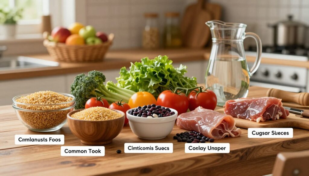A visually appealing composition illustrating healthy food substitutes for managing glucose levels. In the foreground, a vibrant wooden table displays an assortment of colorful foods such as whole grains, fresh vegetables, legumes, and lean proteins, each labeled clearly as healthier alternatives to common sugary snacks. In the middle ground, a soft light highlights a rustic kitchen setting, with a fruit basket and a water pitcher adding a touch of warmth and inviting ambiance. In the background, softly blurred herbs and spices hint at flavor without sugar. The lighting is warm and natural, evoking a feeling of comfort and wellness. The angle captures a slightly elevated view, making the food arrangement inviting and easy to explore, conveying a message of balance and health in daily eating habits. A visually appealing composition illustrating healthy food substitutes for managing glucose levels. In the foreground, a vibrant wooden table displays an assortment of colorful foods such as whole grains, fresh vegetables, legumes, and lean proteins, each labeled clearly as healthier alternatives to common sugary snacks. In the middle ground, a soft light highlights a rustic kitchen setting, with a fruit basket and a water pitcher adding a touch of warmth and inviting ambiance. In the background, softly blurred herbs and spices hint at flavor without sugar. The lighting is warm and natural, evoking a feeling of comfort and wellness. The angle captures a slightly elevated view, making the food arrangement inviting and easy to explore, conveying a message of balance and health in daily eating habits.