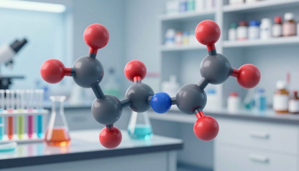 A visually captivating and highly detailed illustration of prostaglandins and prostamides, featuring molecular structures represented in vibrant colors. In the foreground, a 3D rendering of the prostaglandin molecule, showcasing its intricate bonds and functional groups, illuminated by soft, diffused lighting to emphasize texture and depth. In the middle ground, a laboratory setting with scientific equipment like test tubes and beakers filled with colorful fluids, hinting at pharmaceutical research. The background includes shelves filled with medicine bottles, creating a sense of a modern pharmacy or research lab environment. The atmosphere is professional and science-oriented, evoking a sense of discovery and innovation in pharmacological treatment options. Use a slight depth of field to keep the focus on the molecules while gently blurring the laboratory environment.