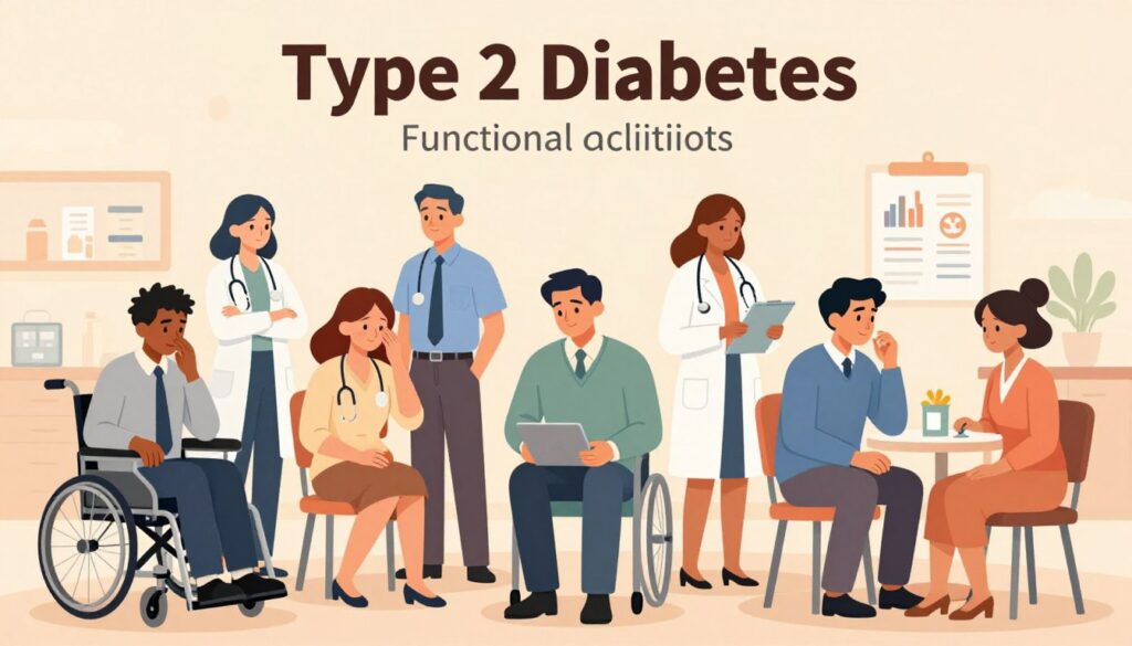 A visually compelling illustration depicting the complications and functional limitations associated with Type 2 diabetes. In the foreground, a diverse group of individuals in professional attire, showing various physical responses to diabetes-related issues like mobility limitations, fatigue, and healthcare interactions. In the middle ground, scenes of medical consultations, dietary adjustments, and lifestyle changes to emphasize the impact of diabetes. The background features a softly lit hospital or clinic environment, with medical charts and health-related imagery subtly integrated. The lighting should be warm and inviting, evoking a sense of hope and resilience. The overall mood should balance seriousness with an undercurrent of determination and support, fostering understanding of the challenges faced. A visually compelling illustration depicting the complications and functional limitations associated with Type 2 diabetes. In the foreground, a diverse group of individuals in professional attire, showing various physical responses to diabetes-related issues like mobility limitations, fatigue, and healthcare interactions. In the middle ground, scenes of medical consultations, dietary adjustments, and lifestyle changes to emphasize the impact of diabetes. The background features a softly lit hospital or clinic environment, with medical charts and health-related imagery subtly integrated. The lighting should be warm and inviting, evoking a sense of hope and resilience. The overall mood should balance seriousness with an undercurrent of determination and support, fostering understanding of the challenges faced.