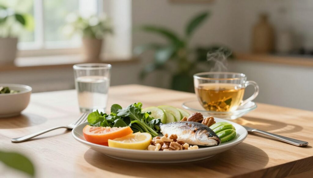 A visually engaging composition depicting a serene dining table set with healthy foods symbolizing diet and lifestyle choices that impact vision. In the foreground, a well-balanced plate showcasing colorful fruits, leafy greens, and omega-rich foods like nuts and fish. In the middle ground, a subtle vignette of a glass of water and herbal tea to suggest hydration and wellness. The background features a softly lit room filled with plants, creating an atmosphere of tranquility and health. Natural light filters through a window, casting gentle shadows, enhancing the inviting atmosphere. The mood reflects calm and focus, emphasizing the importance of mindful eating and lifestyle management in maintaining eye health, particularly in relation to avoiding factors that may worsen vision.