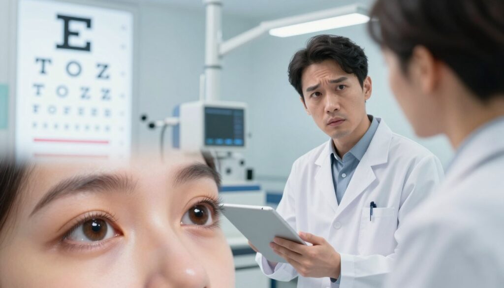 A visually engaging illustration depicting the symptoms of vision impairment related to glaucoma. In the foreground, a pair of human eyes, focusing intently on an eye chart, highlighting blurred or distorted letters. In the middle ground, a medical professional in professional attire, using a digital tablet to explain the symptoms, with a concerned expression, conveying empathy. The background features a softly lit examination room with sleek medical equipment, emphasizing a clinical atmosphere. Use soft, diffused lighting to create a calm and informative mood, capturing a sense of urgency yet hope in the fight against eye disease. The angle should be slightly elevated, drawing the viewer’s attention to both the human interaction and the visual impairment being discussed.
