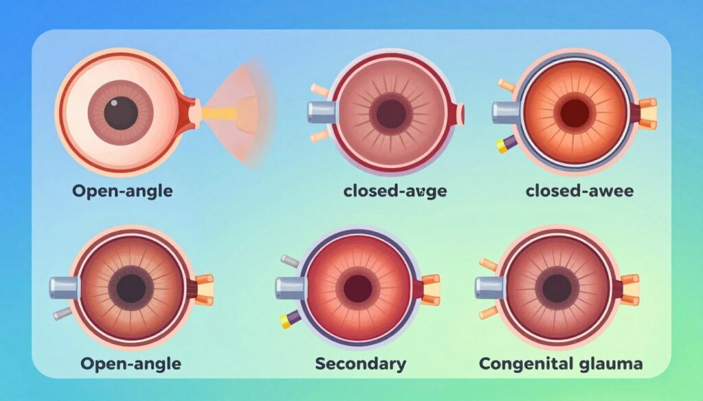 A visually engaging illustration of the different types of glaucoma, showcasing four distinct sections: open-angle, closed-angle, secondary, and congenital glaucoma. In the foreground, feature detailed anatomical diagrams of the human eye with labels indicating each type of glaucoma. The middle ground can include subtle variations in lighting to represent the severity of symptoms, with a soft focus on the open-angle section to suggest gradual onset, while the closed-angle appears more intense. The background should be a gradient of calming blues and greens to evoke a medical atmosphere, symbolizing eye health. Utilize a slightly angled perspective to enhance depth. The overall mood should be informative yet approachable, suitable for a medical article.