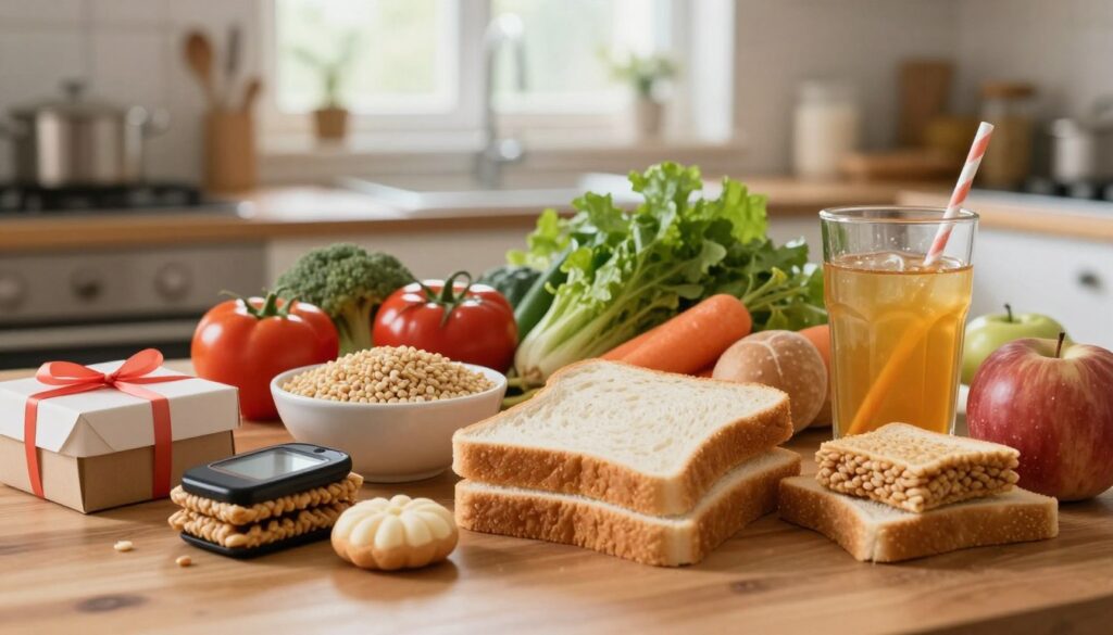 A visually striking composition illustrating foods to avoid for Type 2 diabetes, featuring a cluttered wooden kitchen table. In the foreground, a variety of unhealthy food items are prominently displayed: sugary snacks, white bread, and sugary drinks, all artistically arranged. The middle ground shows a contrasting selection of healthier options, such as fresh vegetables and whole grains, subtly overshadowed by the unhealthy items. In the background, a soft-focus kitchen setting with natural light filtering through a window, enhancing an atmosphere of caution and awareness. The scene conveys a sense of urgency and education, not just about food but about health choices. The overall mood should be serious yet informative, inviting viewers to contemplate their dietary decisions.