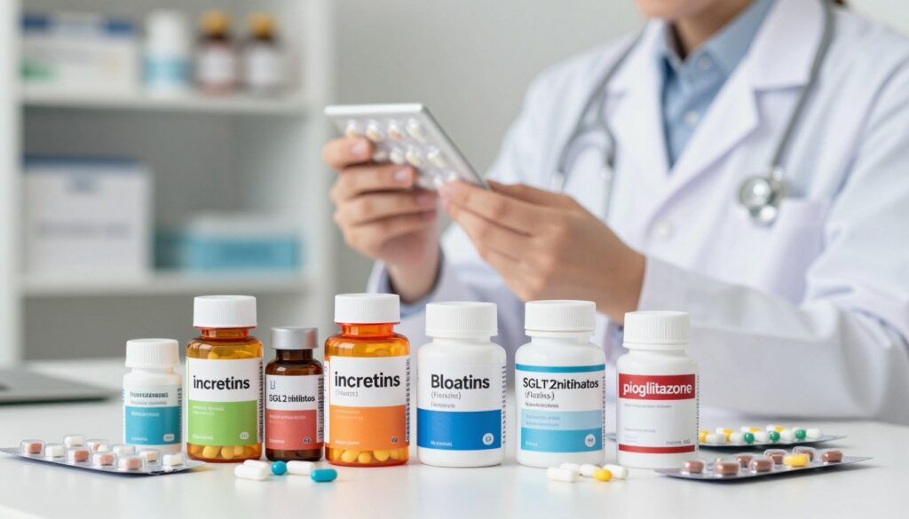 A visually striking composition illustrating the latest classes of diabetes medications: incretins, SGLT2 inhibitors (flozins), and pioglitazone. In the foreground, display a variety of colorful pill bottles and blister packs arranged artfully, highlighting distinct labels—bright, modern designs representing each drug class. In the middle ground, depict a healthcare professional in a lab coat calmly examining medication options, symbolizing the importance of informed choices. The background should feature a softly blurred clinical setting with shelves of medical supplies, emphasizing a clean and professional atmosphere. Use soft, natural lighting to create a warm, inviting mood, ensuring clarity and focus on the medications. The angle should be slightly above eye level, offering a comprehensive view of the scene without distractions or text elements.