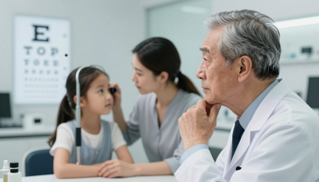 A visually striking image depicting the concept of hereditary cataracts. In the foreground, an older man with a thoughtful expression is sitting in an eye clinic, wearing professional attire, gazing into an eye examination tool, symbolizing contemplation of genetic predisposition. In the middle ground, a younger woman, possibly his daughter, is seen sharing the same gaze towards a visual test, showcasing familial connection. The background features a blurred, modern clinic interior with bright, clinical lighting emphasizing clarity and focus, evoking a sense of introspection and awareness of family health history. The scene conveys a serious and educational atmosphere, reflecting the nature of inherited conditions.