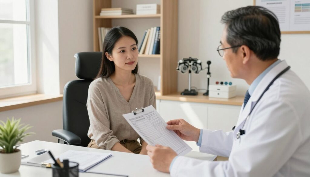 A warm and inviting doctor's office with a bright, well-lit atmosphere. In the foreground, a middle-aged male doctor in professional attire, wearing a white coat and glasses, is seated at a desk, reviewing an eye examination chart. In the middle ground, a patient, a woman in modest casual clothing, sits on an examination chair looking attentive, as the doctor discusses preparation for an eye check-up. Shelves in the background are lined with medical books and eye care tools, such as an ophthalmoscope and lenses. Soft natural light filters through a window, casting gentle shadows that add depth, creating a calm and reassuring atmosphere, perfect for a pre-appointment scenario.