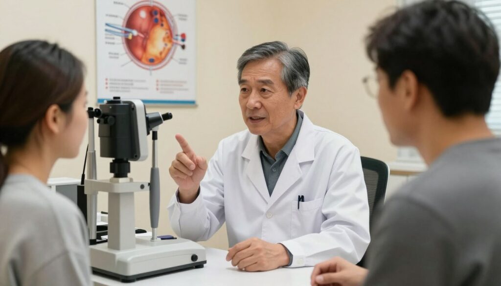 A well-lit doctor's office setting focused on eye health, featuring a middle-aged optometrist in a white coat discussing glaucoma testing procedures with a patient. The optometrist gestures towards a modern tonometer on the table, symbolizing the importance of glaucoma screenings. In the background, a poster showing an anatomical eye chart and information on glaucoma awareness hangs on the wall. Soft, warm lighting casts a welcoming atmosphere while highlighting the professionalism of the setting. The optometrist's expression is attentive and reassuring, emphasizing the educational aspect of glaucoma prevention. The image captures a sense of urgency and care, illustrating why regular eye check-ups are crucial for everyone.