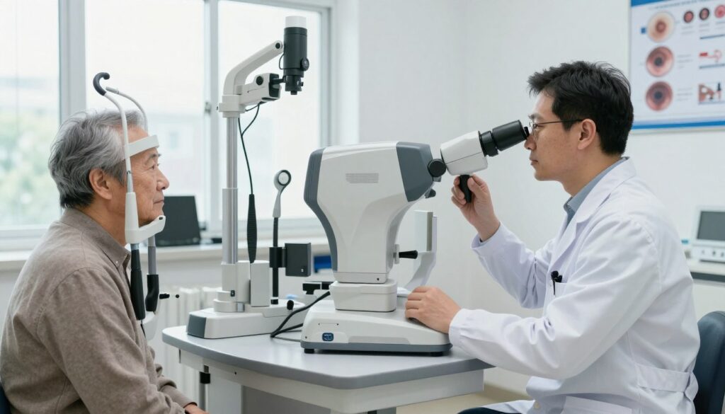 A well-lit ophthalmology clinic, featuring an eye examination room with modern diagnostic equipment. In the foreground, an elderly patient wearing modest clothing is seated, looking attentively at an eye chart, while an ophthalmologist in professional attire uses an autorefractor, demonstrating the diagnostic process for cataracts. The middle ground showcases various instruments like a slit lamp and tonometer, arranged neatly on a clean counter. In the background, large windows let in natural light, creating a calm atmosphere, with medical posters about cataract symptoms and treatment on the walls. The overall mood is professional and reassuring, emphasizing the importance of eye health assessments for seniors.