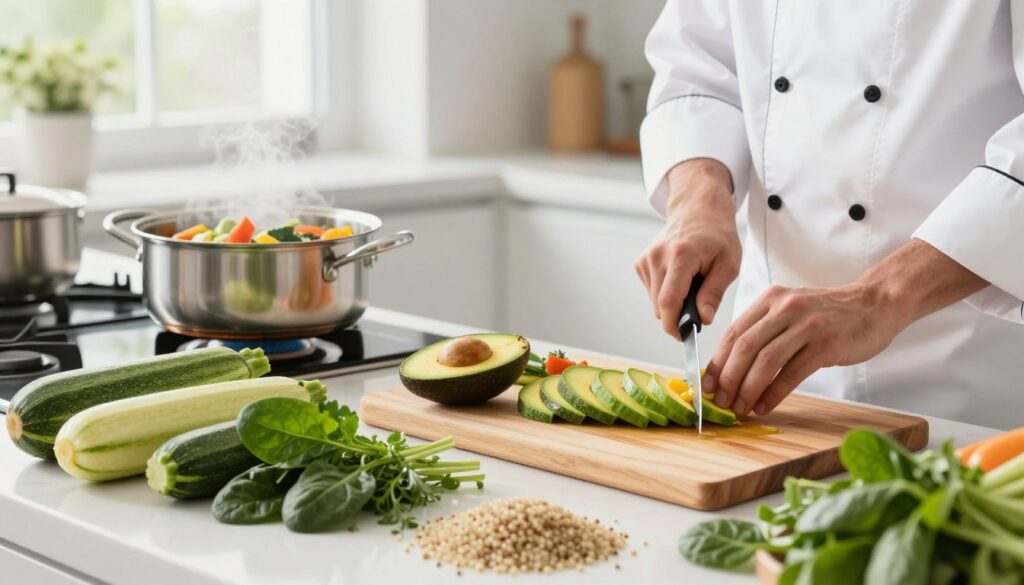 A well-organized kitchen scene depicting various cooking techniques to lower glycemic index, featuring fresh vegetables like zucchini, spinach, and quinoa in the foreground. In the middle, a wooden cutting board holds sliced avocados and colorful fresh herbs. A steaming pot of vegetable stew is simmering on the stove, radiating warmth and inviting aromas. The background showcases bright, natural light streaming through a window, creating a cheerful, healthy atmosphere. A professional chef, dressed in a crisp white chef's coat and hat, skillfully using a knife to chop vegetables, embodies expertise. The overall mood is one of health, vibrancy, and culinary creativity, emphasizing wholesome cooking methods that support better glycemic control.