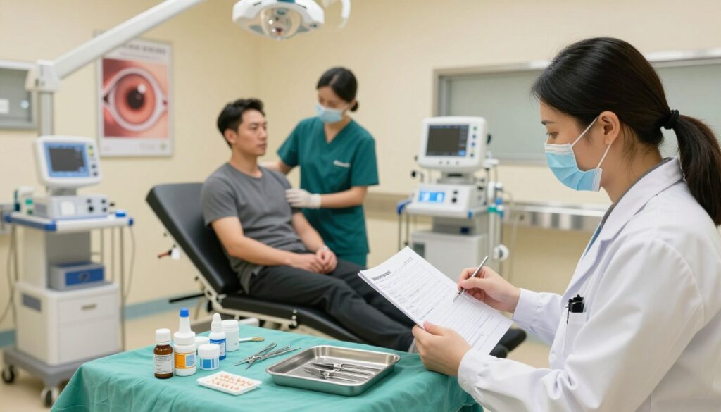 A well-organized preparation scene for a glaucoma surgery. In the foreground, a doctor in professional attire examines medical charts and prepares surgical instruments on a sterile tray. Beside them, there are various medications, such as eye drops and tablets, neatly arranged. In the middle ground, a patient in modest attire sits on an examination table, looking calm and focused, with a nurse providing reassuring support. The background features a brightly lit, modern surgical room, with advanced medical equipment and posters depicting eye health. Soft, warm lighting illuminates the scene, creating a reassuring atmosphere of professionalism and care, while a slight depth of field emphasizes the preparation process.