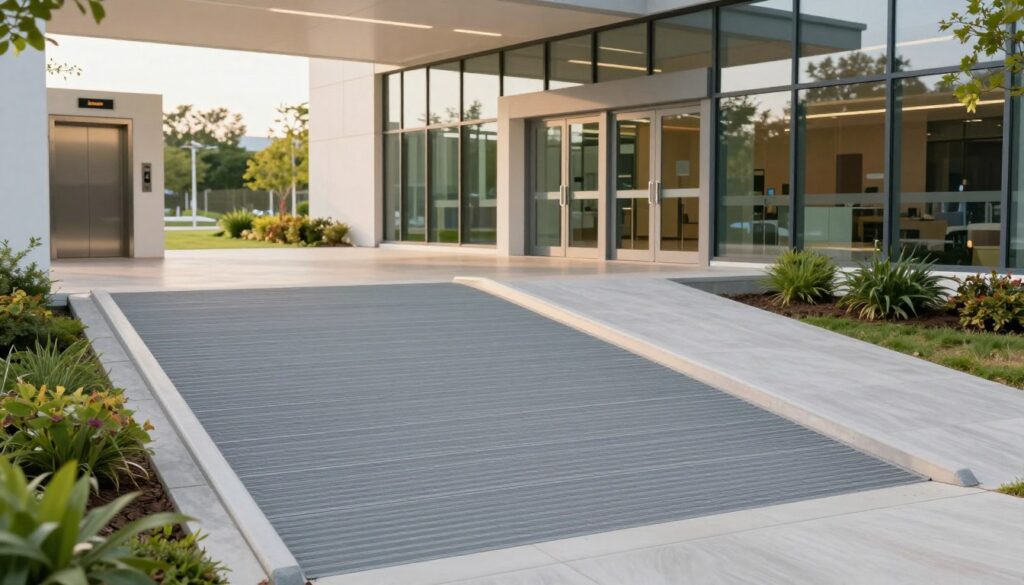 A wheelchair accessible ramp leading to a modern healthcare facility, showcasing a smooth, wide pathway that integrates seamlessly with the building's design. The foreground features a well-maintained ramp made of non-slip materials, with a gentle incline. In the middle ground, a glass entrance with large doors is visible, designed for easy access. To the left, a spacious elevator is partially visible, indicating further accessibility options. The background reveals a landscaped environment with greenery and clear skies, creating a welcoming atmosphere. Soft, natural lighting enhances the warm and inviting feel of the scene. The overall mood is reassuring and focused on accessibility for patients with mobility challenges. A wheelchair accessible ramp leading to a modern healthcare facility, showcasing a smooth, wide pathway that integrates seamlessly with the building's design. The foreground features a well-maintained ramp made of non-slip materials, with a gentle incline. In the middle ground, a glass entrance with large doors is visible, designed for easy access. To the left, a spacious elevator is partially visible, indicating further accessibility options. The background reveals a landscaped environment with greenery and clear skies, creating a welcoming atmosphere. Soft, natural lighting enhances the warm and inviting feel of the scene. The overall mood is reassuring and focused on accessibility for patients with mobility challenges.