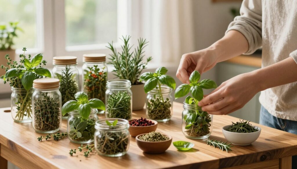 A wooden kitchen table filled with an array of aromatic herbs such as basil, rosemary, and thyme, meticulously arranged in small glass jars and bowls. In the foreground, a pair of hands, clad in modest casual clothing, gently plucking fresh leaves from a basil plant, symbolizing the incorporation of herbs into daily routines. In the middle ground, neatly labeled jars with vibrant herbs and spices provide a colorful backdrop. The background features a sunlit window adorned with sheer curtains, casting soft, natural light over the scene, creating a warm and inviting atmosphere. The overall mood should evoke a sense of health, mindfulness, and connection to nature, illustrating the harmonious blend of herbs into diet and lifestyle.