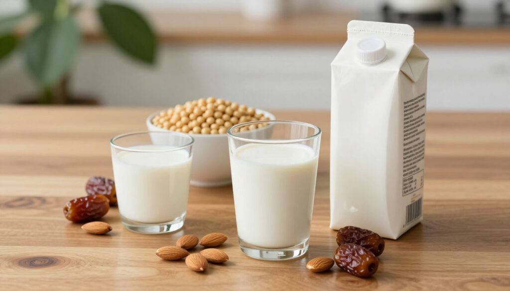 An artistic still life featuring a variety of plant-based milk alternatives on a polished wooden table. In the foreground, showcase a glass of almond milk, surrounded by almonds and a few dried dates. Next to it, place a carton of oat milk with an open lid, revealing the creamy texture. In the middle ground, include a bowl of fresh soybeans and a small glass of cashew milk, elegantly styled. The background should softly blur with green plants, hinting at a kitchen environment that feels fresh and inviting. Use soft, natural lighting to create a warm atmosphere, emphasizing the health aspects of these drinks. The angle should be slightly elevated, providing a clear view of the different milk alternatives and their ingredients, creating an informative and appealing image. An artistic still life featuring a variety of plant-based milk alternatives on a polished wooden table. In the foreground, showcase a glass of almond milk, surrounded by almonds and a few dried dates. Next to it, place a carton of oat milk with an open lid, revealing the creamy texture. In the middle ground, include a bowl of fresh soybeans and a small glass of cashew milk, elegantly styled. The background should softly blur with green plants, hinting at a kitchen environment that feels fresh and inviting. Use soft, natural lighting to create a warm atmosphere, emphasizing the health aspects of these drinks. The angle should be slightly elevated, providing a clear view of the different milk alternatives and their ingredients, creating an informative and appealing image.