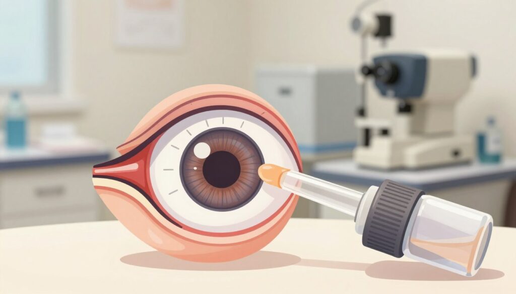 An illustrated representation of pilocarpine in the context of treating glaucoma, focusing on its therapeutic effects. In the foreground, a close-up view of pilocarpine eye drops in a clear glass bottle with an eye dropper, highlighting the liquid's texture and clarity. In the middle, depict an anatomical eye with exaggerated details, showcasing the effects of pilocarpine on the pupil constriction and other ocular changes. The background should be softly blurred, featuring a clinical setting such as an eye clinic with medical equipment like an eye examination machine. Use warm, bright lighting to create a positive and informative atmosphere. The lens should have a slight depth of field to emphasize the foreground subject against the clinical backdrop.