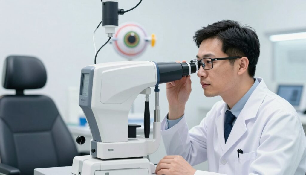 Create a detailed illustration focusing on intraocular pressure in the context of glaucoma treatment. In the foreground, depict a professional doctor wearing a lab coat and glasses, examining an advanced laser device. The doctor should have a focused, thoughtful expression, highlighting the importance of clinical practice. In the middle ground, include a high-tech eye examination chair and instruments, emphasizing precision and expertise. In the background, softly illuminated by bright, clinical lighting, show a model of an eye with visual indicators of pressure levels. Use a shallow depth of field to create a sense of intimacy and professionalism, while the overall atmosphere conveys hope and scientific advancement in glaucoma treatment, with clear, bright colors and clean lines. Create a detailed illustration focusing on intraocular pressure in the context of glaucoma treatment. In the foreground, depict a professional doctor wearing a lab coat and glasses, examining an advanced laser device. The doctor should have a focused, thoughtful expression, highlighting the importance of clinical practice. In the middle ground, include a high-tech eye examination chair and instruments, emphasizing precision and expertise. In the background, softly illuminated by bright, clinical lighting, show a model of an eye with visual indicators of pressure levels. Use a shallow depth of field to create a sense of intimacy and professionalism, while the overall atmosphere conveys hope and scientific advancement in glaucoma treatment, with clear, bright colors and clean lines.