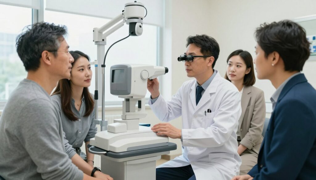 In a modern medical clinic setting, a diverse group of patients in professional business attire is engaging with a compassionate ophthalmologist, who is demonstrating a laser treatment procedure for glaucoma. In the foreground, a middle-aged patient looks relieved as they discuss their positive experience, while a younger patient shows curiosity. In the middle, the ophthalmologist, dressed in a white coat and wearing magnifying glasses, points to a high-tech laser device, emphasizing a clean, sterile environment. The background features bright, natural lighting coming from large windows, sterile medical equipment, and soothing colors on the walls that promote calmness. The overall mood is one of hope and professionalism, capturing the essence of patient experiences with laser glaucoma treatment. In a modern medical clinic setting, a diverse group of patients in professional business attire is engaging with a compassionate ophthalmologist, who is demonstrating a laser treatment procedure for glaucoma. In the foreground, a middle-aged patient looks relieved as they discuss their positive experience, while a younger patient shows curiosity. In the middle, the ophthalmologist, dressed in a white coat and wearing magnifying glasses, points to a high-tech laser device, emphasizing a clean, sterile environment. The background features bright, natural lighting coming from large windows, sterile medical equipment, and soothing colors on the walls that promote calmness. The overall mood is one of hope and professionalism, capturing the essence of patient experiences with laser glaucoma treatment.