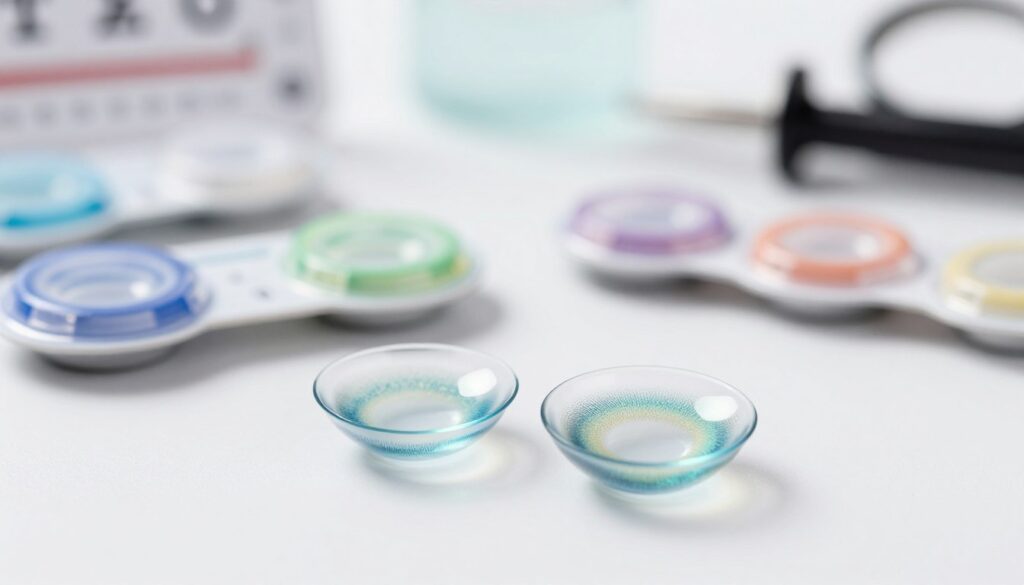 A close-up, detailed illustration of color contact lenses designed specifically for individuals with astigmatism and presbyopia, resting on a clean, white surface. In the foreground, showcase the lenses with a slight reflection of light to indicate clarity and quality. In the middle ground, include various lens packages, highlighting the diversity of options available. In the background, incorporate soft, out-of-focus medical instruments, like an eye chart and lens testing equipment, to create a clinical atmosphere. Use bright, diffused lighting to emphasize the lenses' transparency and vibrant colors, while maintaining a professional and educational mood, suggesting safety and proper care. Keep the composition clean and focused on vision solutions.