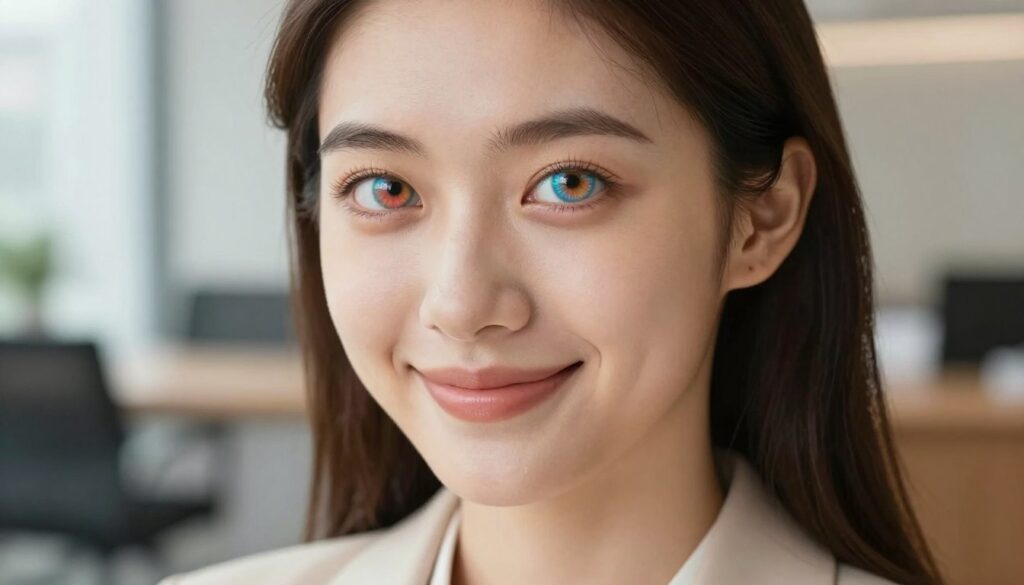 A close-up image of a young professional woman comfortably wearing colorful contact lenses that enhance her bright eyes. The foreground features her face, showcasing a soft smile and relaxed expression, with her eyes prominently displayed, reflecting the vibrant hues of the contact lenses. The middle ground includes subtle hints of her stylish yet modest outfit, creating a balanced look. In the background, a softly blurred modern office environment hints at a professional setting, with warm, natural lighting enhancing the scene. The atmosphere is inviting and calm, highlighting the comfort and confidence that come with using colored contact lenses. Capture the essence of ease and beauty while ensuring a professional demeanor.