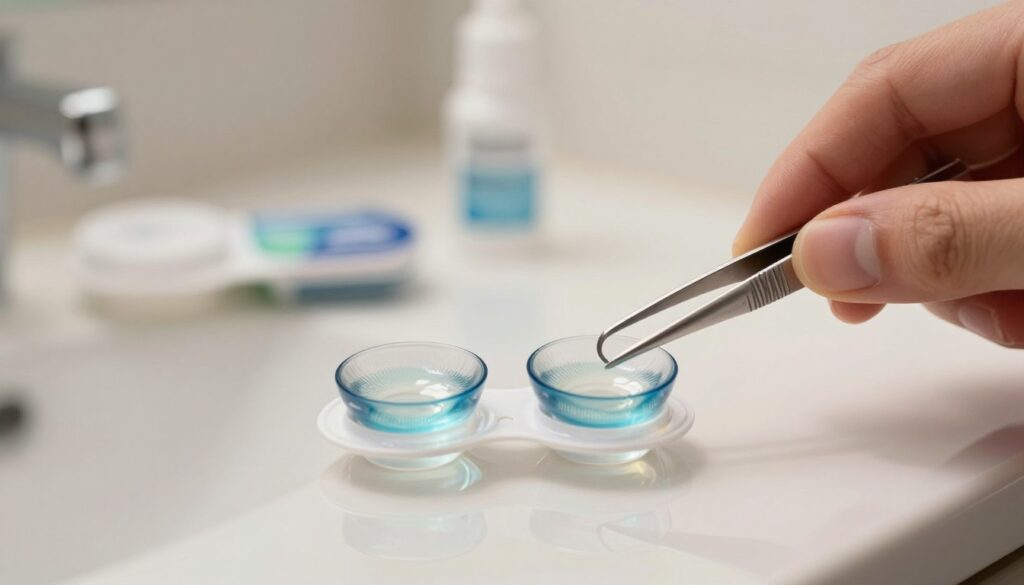 A close-up of a pair of contact lenses displayed on a reflective surface, emphasizing their intricate design and texture. In the foreground, a hand reaches towards the lenses with tweezers, illustrating the careful handling necessary for safe use. The middle ground features a blurred background of a well-lit, organized bathroom countertop with a case for the lenses and a small bottle of lens solution, demonstrating proper care accessories. Soft, natural lighting illuminates the scene, creating a clean and inviting atmosphere. A shallow depth of field focuses sharply on the lenses and hand while softly blurring the background, evoking a sense of diligence and care in everyday use. The mood conveys caution and highlights the importance of proper lens handling and user awareness. A close-up of a pair of contact lenses displayed on a reflective surface, emphasizing their intricate design and texture. In the foreground, a hand reaches towards the lenses with tweezers, illustrating the careful handling necessary for safe use. The middle ground features a blurred background of a well-lit, organized bathroom countertop with a case for the lenses and a small bottle of lens solution, demonstrating proper care accessories. Soft, natural lighting illuminates the scene, creating a clean and inviting atmosphere. A shallow depth of field focuses sharply on the lenses and hand while softly blurring the background, evoking a sense of diligence and care in everyday use. The mood conveys caution and highlights the importance of proper lens handling and user awareness.