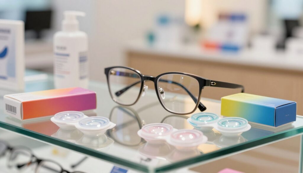 A close-up of a stylish, modern eyeglass display featuring daily contact lenses, set on a sleek glass surface. The foreground highlights several transparent contact lens packs in vibrant, colorful boxes, arranged artistically. In the middle, a pair of elegantly displayed eyeglasses stands, glimmering under soft, warm lighting to emphasize the comfort and innovation behind daily contact lens technology. The background features a softly blurred image of a busy optometry practice, conveying a sense of professionalism and expertise. The overall mood is bright and inviting, showcasing advancements in lens hydration and comfort while maintaining a clean and polished aesthetic. The image should feel fresh and contemporary, with a focus on clear details and a smooth, inviting ambiance.