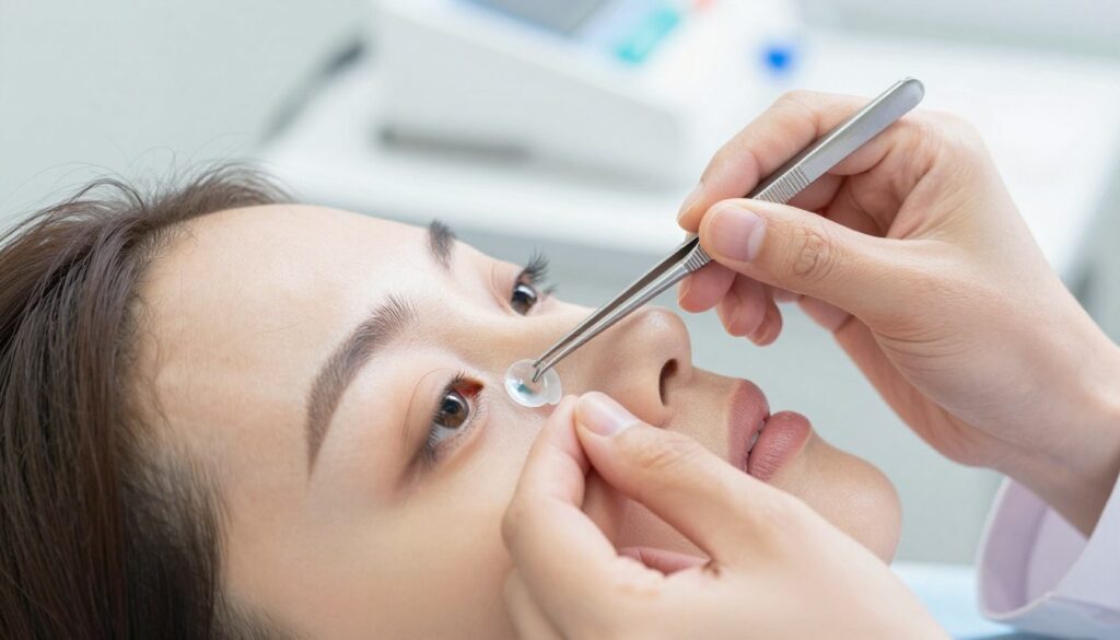 A close-up scene depicting an eye care procedure focused on the safe removal of a contact lens lodged under the eyelid. In the foreground, a calm and professional eye care specialist is shown wearing a lab coat, with a pair of medical tweezers delicately approaching the eye. The middle ground features a patient, appearing relaxed and assured, their eye wide open, showcasing the lens beneath the eyelid. The background is softly blurred, hinting at a well-lit, sterile clinic environment, with tools and equipment subtly arranged. The lighting is bright and clinical, emphasizing clarity and safety, while the overall atmosphere conveys a sense of professionalism and tranquility during the procedure.
