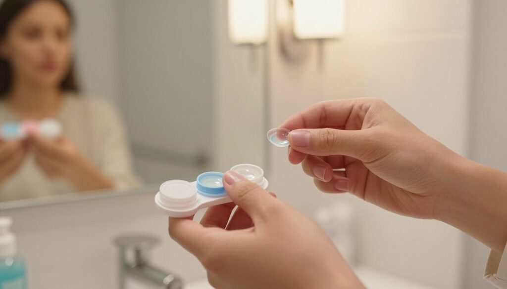 A close-up scene of a person in a well-lit bathroom, following a step-by-step guide to putting in contact lenses. The foreground features a hands-on demonstration with a focused view of the individual's fingertips gently handling a soft contact lens. The middle layer includes a small, neatly organized tray of contact lenses, contact solution, and a mirror reflecting the person's focused expression. The background consists of soft, warm lighting from a bathroom light fixture, creating a calming atmosphere. The person is wearing a simple, modest casual outfit. The overall mood should be instructional yet reassuring, highlighting the ease of the process for beginners.