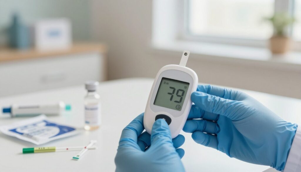 A close-up view of a blood glucose meter displaying a clear reading on the screen, surrounded by various medical supplies like sterile lancets, alcohol wipes, and a small vial of test strips. In the foreground, show a healthcare professional’s hands in blue gloves carefully handling the meter, emphasizing a sense of precision and care. The middle ground should feature a soft-focus background of a well-lit clinic room with a window showing natural light, creating a warm and inviting atmosphere. Use soft, diffused lighting to enhance the professionalism of the scene. The overall mood should convey a sense of health awareness and proactive health management. No text or distractions in the image.