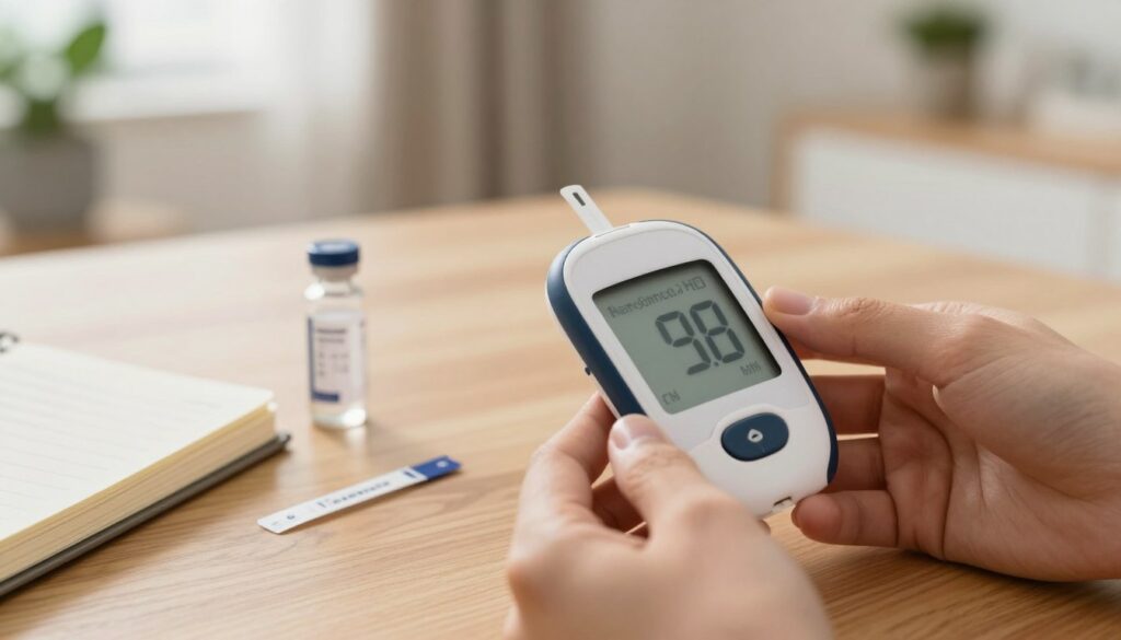 A close-up view of a blood glucose meter displaying a digital reading, set on a wooden table. In the foreground, include a hand gently reaching for the device, demonstrating care and attention to health. The middle-ground features a small vial of glucose test strips and a stylish, minimalist notebook with health notes. The background is softly blurred, revealing a cozy, well-lit room with houseplants and a calming color palette, suggesting a serene atmosphere conducive to health monitoring. Use natural lighting to create a warm glow, emphasizing the importance of diabetes testing in a modern lifestyle. The composition should convey a sense of professionalism and focus on health management without any distractions. A close-up view of a blood glucose meter displaying a digital reading, set on a wooden table. In the foreground, include a hand gently reaching for the device, demonstrating care and attention to health. The middle-ground features a small vial of glucose test strips and a stylish, minimalist notebook with health notes. The background is softly blurred, revealing a cozy, well-lit room with houseplants and a calming color palette, suggesting a serene atmosphere conducive to health monitoring. Use natural lighting to create a warm glow, emphasizing the importance of diabetes testing in a modern lifestyle. The composition should convey a sense of professionalism and focus on health management without any distractions.