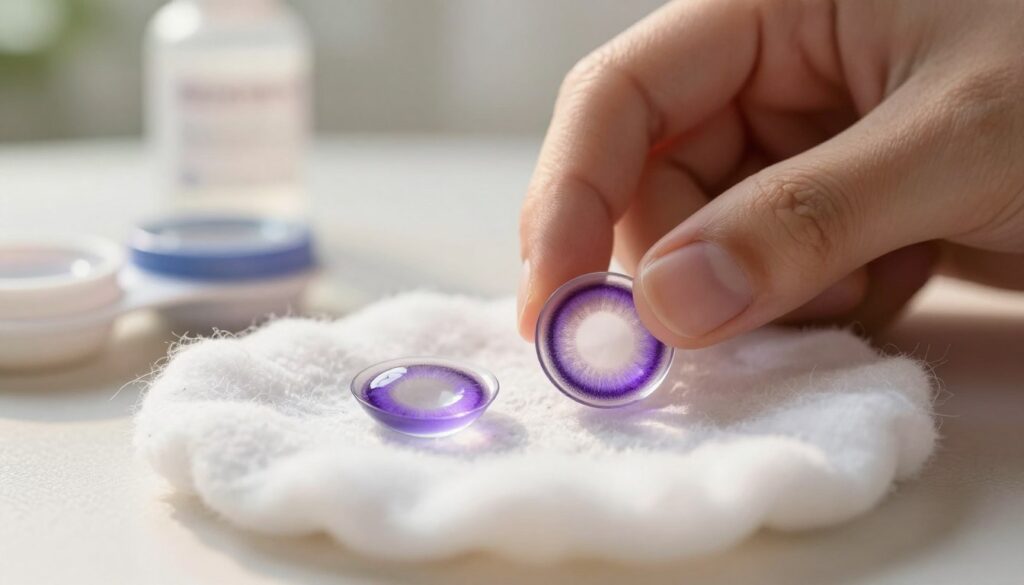 A close-up view of a pair of striking violet contact lenses resting on a soft, white cotton surface, showcasing their rich color and intricate details. In the foreground, highlight the lenses glistening under soft, natural afternoon light, creating a warm and inviting atmosphere. In the middle, incorporate a pair of clean, professional hands gently handling the lenses, wearing unembellished, modest attire. The background features a blurred and softly lit setting, hinting at a serene and safe environment, with hints of eye care products like cases and solution bottles, subtly blended into the scene. The overall mood is calm, emphasizing safety and comfort in wearing contact lenses, inviting readers to explore this unique option confidently.