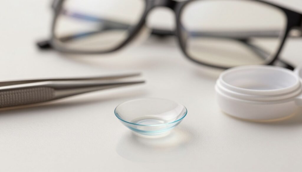 A close-up view of an elegant, clear contact lens resting on a smooth, reflective surface, with a soft focus on the background showcasing blurred eyeglasses for contrast. In the foreground, the contact lens glimmers subtly under soft, diffused lighting, highlighting its contours and transparency. In the middle ground, a set of tools used for fitting contact lenses lies neatly arranged, including a tweezers and a contact lens case, emphasizing precision in lens selection. The background softly fades to a light, neutral color to evoke a calm and professional atmosphere. This image should convey the importance of fine details when choosing contact lenses for astigmatism, without any text or distractions.