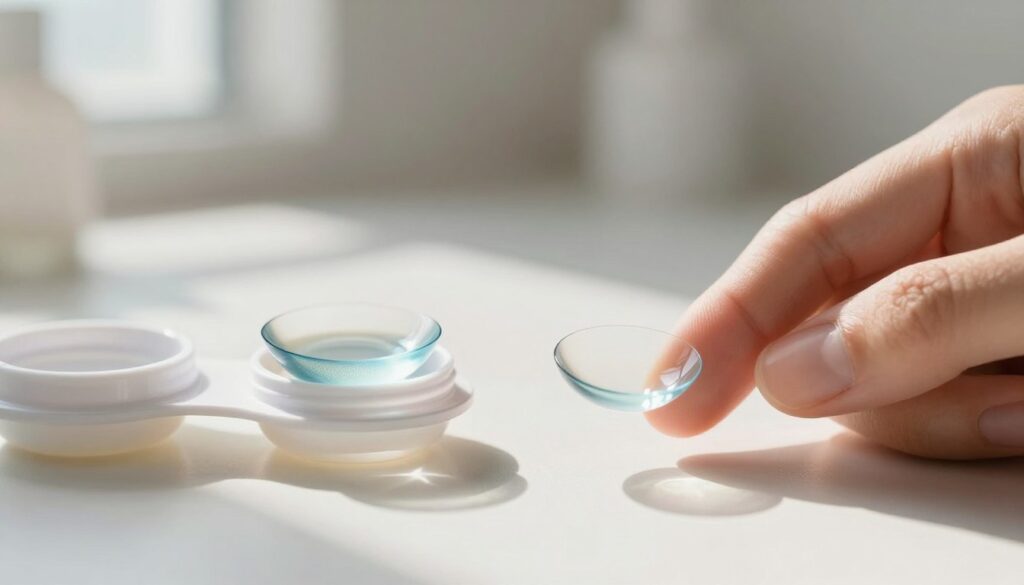 A close-up view of two types of contact lenses positioned on a soft, clean surface. On the left, a pair of soft contact lenses, translucent and slightly shimmering, resting in a small contact lens case. On the right, a rigid gas-permeable contact lens, exhibiting its distinct firm shape. The background features a blurred, light and airy bathroom setting with soft morning light streaming in, casting gentle shadows. Include a pair of clean, professional hands gently holding one of the lenses, dressed in modest, casual attire. The overall mood is serene and informative, emphasizing clarity and precision in lens handling. Use a shallow depth of field to focus on the lenses, giving a crisp, detailed look at their textures and colors.