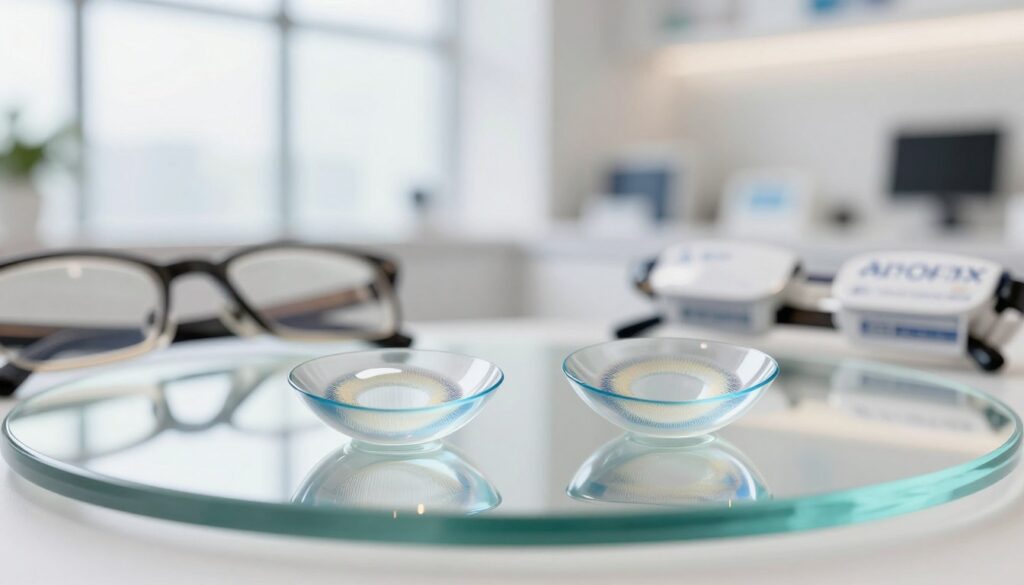 A modern, close-up view of a pair of Air Optix Plus HydraGlyde multifocal contact lenses, elegantly displayed on a polished glass surface. The lenses are shown in sharp focus, showcasing their unique texture and design features. In the background, a softly blurred scene of a bright, airy optometry clinic, with light streaming through large windows, creates a professional atmosphere. The lighting is bright and inviting, emphasizing the clarity and comfort of the lenses. A pair of glasses rests nearby, symbolizing the transition from traditional eyewear to advanced multifocal lenses. The mood is sophisticated and informative, reflecting a sense of innovation in vision care for discerning users.