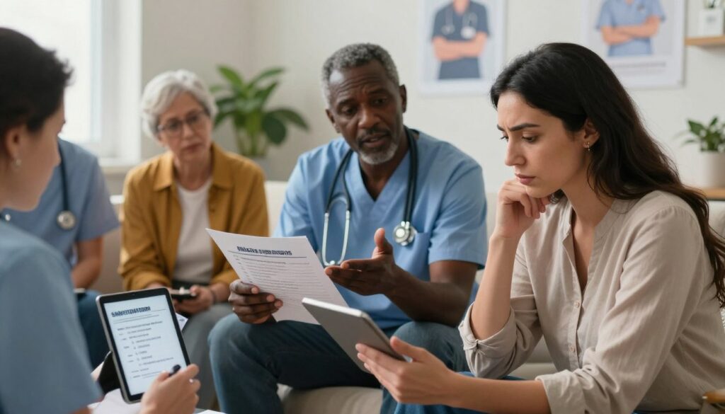 A professional healthcare setting featuring a diverse group of individuals in modest casual clothing discussing unusual diabetes symptoms. In the foreground, a woman of Middle-Eastern descent, looking thoughtfully at a tablet, lists uncommon signs like skin discoloration and fatigue. In the middle ground, a middle-aged man of African descent gestures towards a medical chart highlighting sensations associated with neuropathy. In the background, soft lighting illuminates a calming clinic environment with potted plants and motivational posters on the walls. The angle captures the interaction from a slightly elevated perspective, creating a sense of warmth and urgency. The overall mood is informative and serious, emphasizing the importance of recognizing atypical symptoms of diabetes. A professional healthcare setting featuring a diverse group of individuals in modest casual clothing discussing unusual diabetes symptoms. In the foreground, a woman of Middle-Eastern descent, looking thoughtfully at a tablet, lists uncommon signs like skin discoloration and fatigue. In the middle ground, a middle-aged man of African descent gestures towards a medical chart highlighting sensations associated with neuropathy. In the background, soft lighting illuminates a calming clinic environment with potted plants and motivational posters on the walls. The angle captures the interaction from a slightly elevated perspective, creating a sense of warmth and urgency. The overall mood is informative and serious, emphasizing the importance of recognizing atypical symptoms of diabetes.