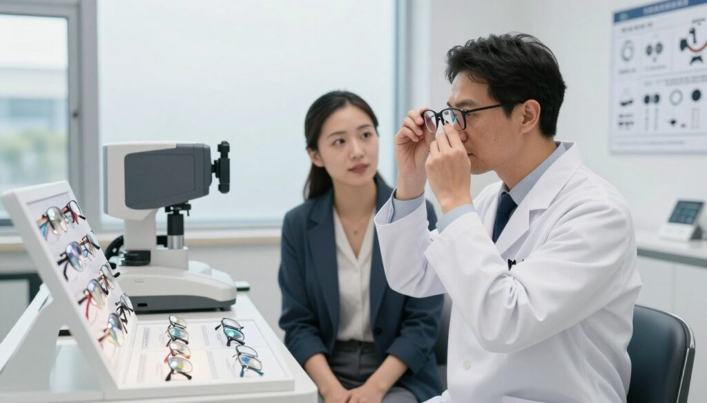 A professional optometrist in a well-lit, modern consulting room, engaged in fitting multifocal lenses to a patient. In the foreground, the optometrist, wearing a neat white lab coat, is examining a pair of multifocal glasses with focused concentration. The patient, dressed in smart casual attire, appears attentive and curious. In the middle, a sleek display of different lens options is visible, alongside advanced optical equipment and charts illustrating lens designs. The background features large windows allowing natural light to flood the space, enhancing a calm and professional atmosphere. The overall mood conveys a sense of expertise, comfort, and the importance of personalized care in vision correction. A professional optometrist in a well-lit, modern consulting room, engaged in fitting multifocal lenses to a patient. In the foreground, the optometrist, wearing a neat white lab coat, is examining a pair of multifocal glasses with focused concentration. The patient, dressed in smart casual attire, appears attentive and curious. In the middle, a sleek display of different lens options is visible, alongside advanced optical equipment and charts illustrating lens designs. The background features large windows allowing natural light to flood the space, enhancing a calm and professional atmosphere. The overall mood conveys a sense of expertise, comfort, and the importance of personalized care in vision correction.