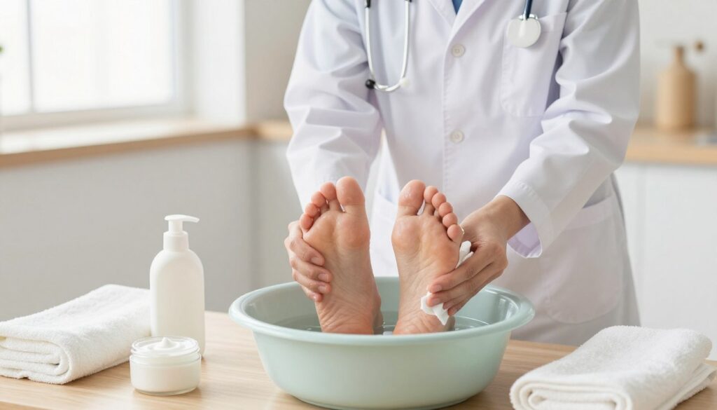 A serene and clean kitchen environment where a healthcare professional, dressed in a lab coat and sensible clothing, is demonstrating foot hygiene practices for diabetic patients. In the foreground, a pair of feet soaking in a small basin filled with warm water, surrounded by natural-looking foot care products like moisturizing cream and clean towels. In the middle ground, the healthcare professional gently examines the feet while holding a clean cloth, showcasing a caring approach. The background features soft natural light filtering in through a window, enhancing the calm atmosphere of the space. The overall mood conveys safety, care, and professionalism, focusing on the importance of foot hygiene in diabetes management.
